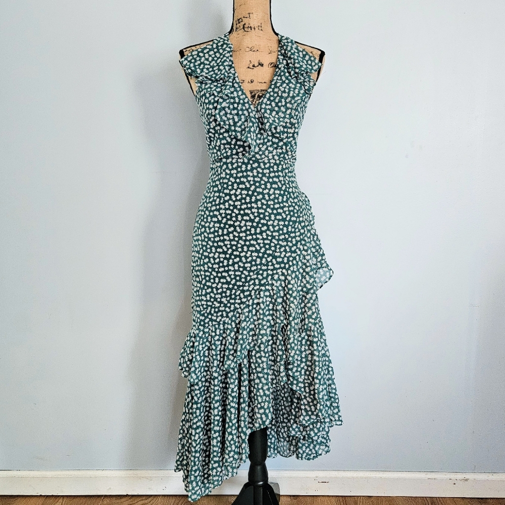C/MEO Collection Green Floral Ruffle V-neck & Tiered Skirt Maxi Dress Size XS